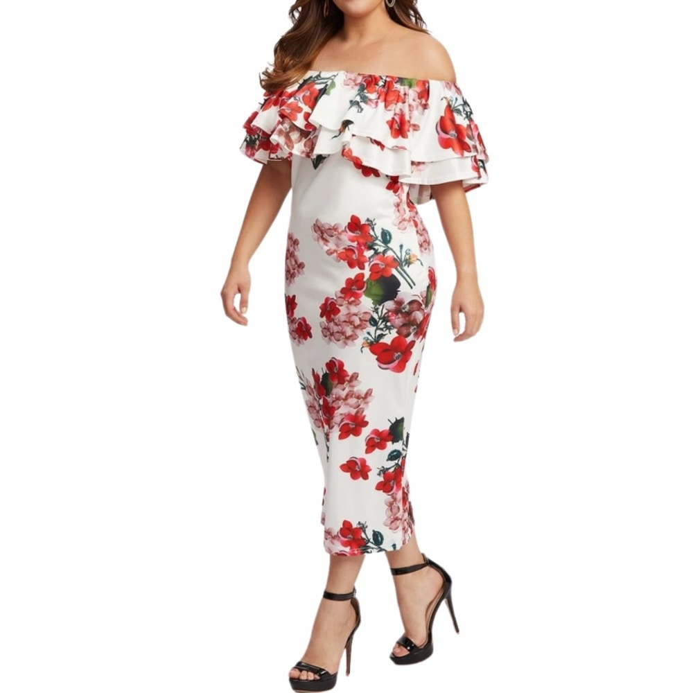 Off shoulder ruffle floral party sexy dress - curvy - plus